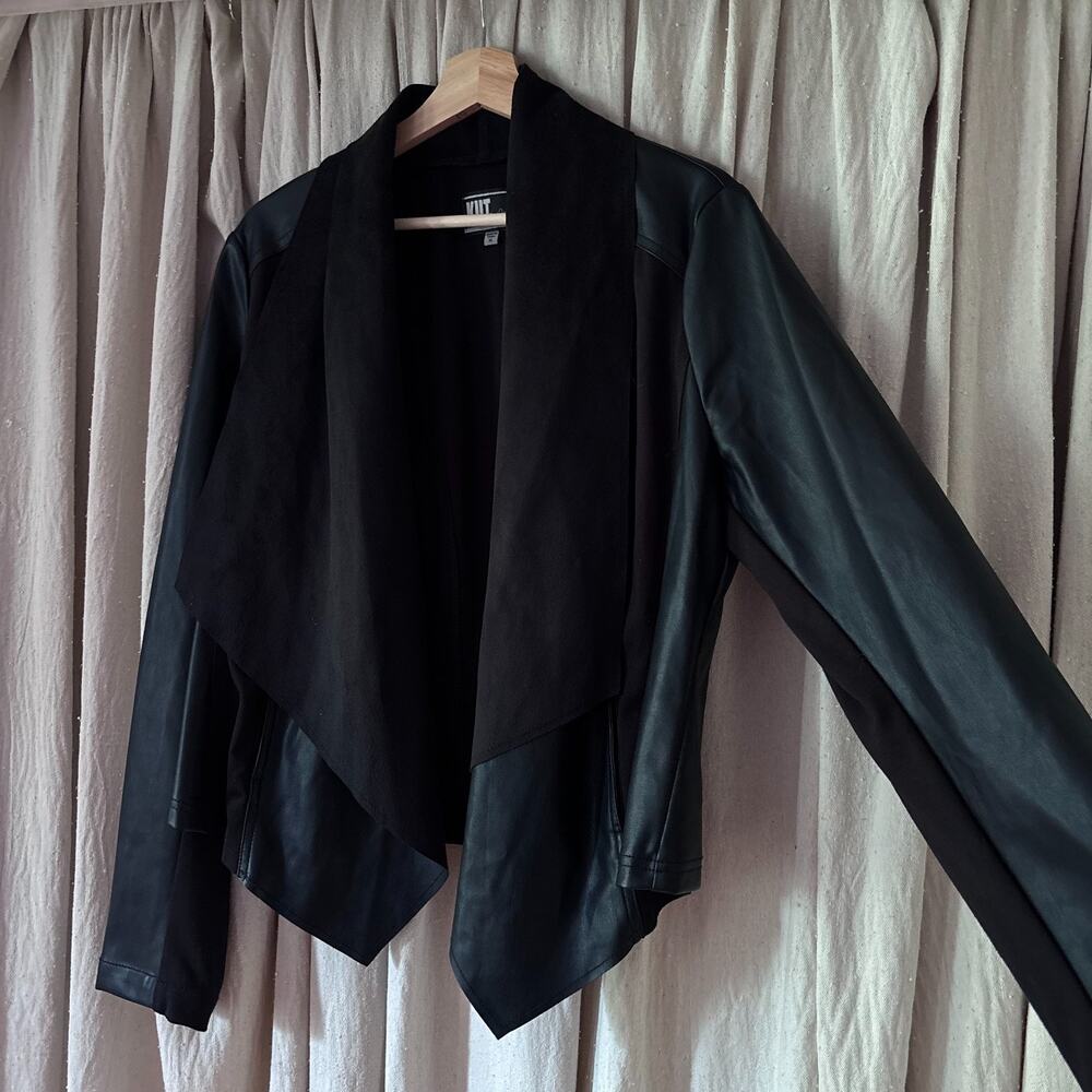 Kut from the Kloth Black Faux Leather Draped Open Front Jacket XL